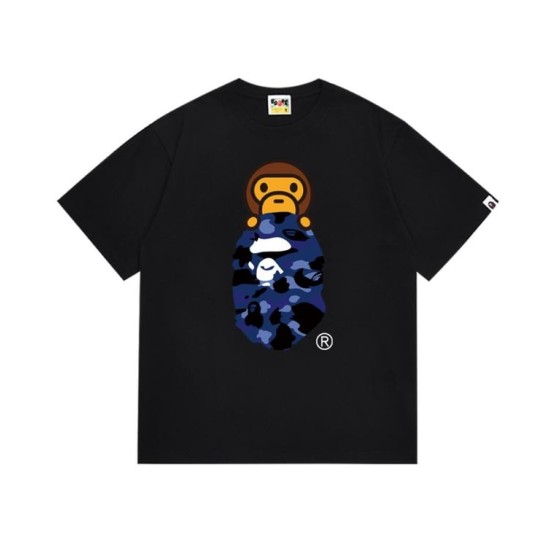 Black BAPE T-Shirt with Blue Camo Ape Head and Baby Milo